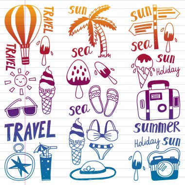 Balon, palmiye, dondurma, kamera ile seyahat vektör desen. Yaz tatili.
