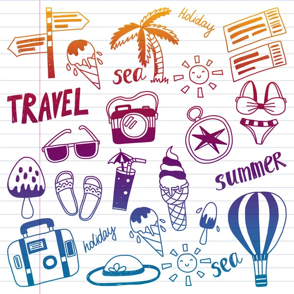 Modèle vectoriel de voyage avec ballon, paume, crème glacée, appareil photo. Vacances d'été . — Image vectorielle