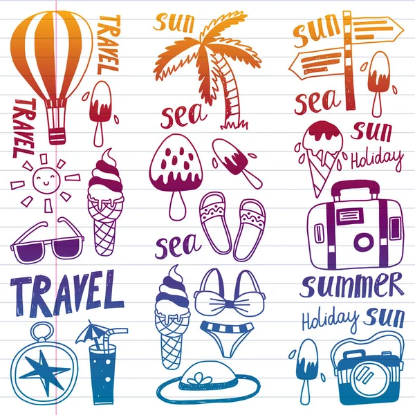 Travel vector pattern with balloon, palm, ice cream, camera. Summer vacation. — Stock Vector