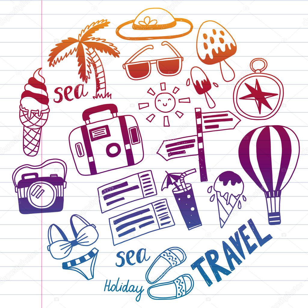 Travel vector pattern with balloon, palm, ice cream, camera. Summer vacation.