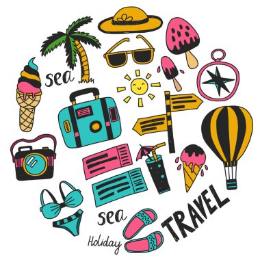 Balon, palmiye, dondurma, kamera ile seyahat vektör desen. Yaz tatili.