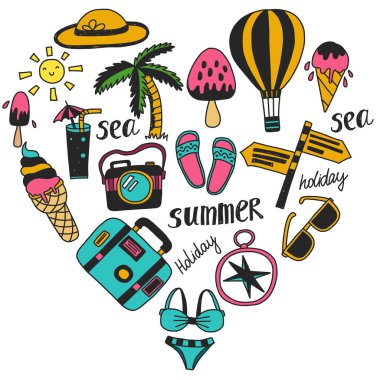 Balon, palmiye, dondurma, kamera ile seyahat vektör desen. Yaz tatili.