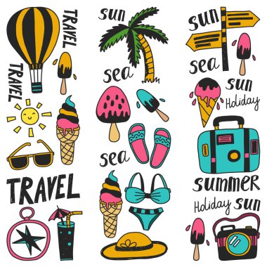 Balon, palmiye, dondurma, kamera ile seyahat vektör desen. Yaz tatili.