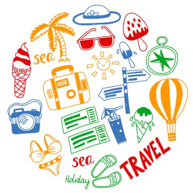 Balon, palmiye, dondurma, kamera ile seyahat vektör desen. Yaz tatili.