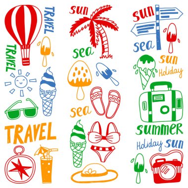 Balon, palmiye, dondurma, kamera ile seyahat vektör desen. Yaz tatili.
