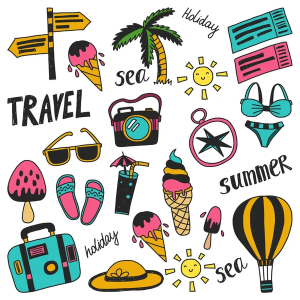 Balon, palmiye, dondurma, kamera ile seyahat vektör desen. Yaz tatili.