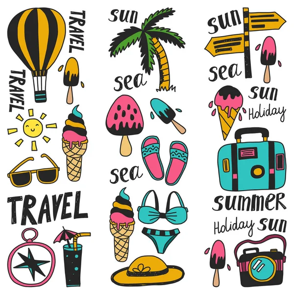 Travel vector pattern with balloon, palm, ice cream, camera. Summer vacation. — Stock Vector