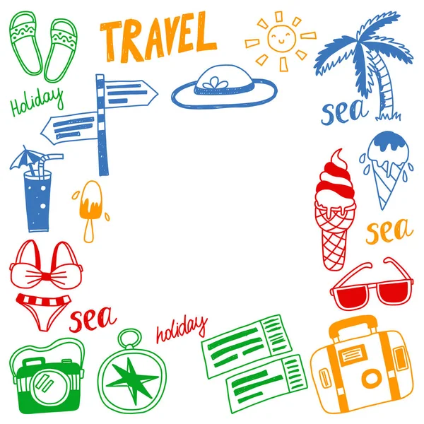 Ταξιδιωτικό μοτίβο με μπαλόνι, παλάμη, παγωτό, κάμερα. Καλοκαιρινές διακοπές. — Διανυσματικό Αρχείο