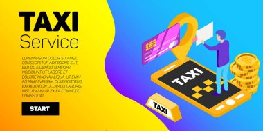 Taksi arabası vektör afişi. Taksi servisi düz mockup.