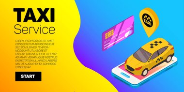 Taksi arabası vektör afişi. Taksi servisi düz mockup.