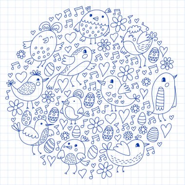 Desen çocuk kumaş, tekstil, kreş duvar kağıdı. Vektör Illustration. Küçük çocuklar için el çizilmiş şarkı kuşlar ve çiçekler.