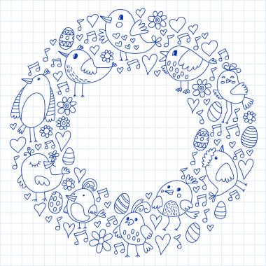 Desen çocuk kumaş, tekstil, kreş duvar kağıdı. Vektör Illustration. Küçük çocuklar için el çizilmiş şarkı kuşlar ve çiçekler.