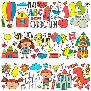 Anaokulu anaokulu çocukları. Çocuklar stil vektör modeli çiziyor. Birlikte büyümeyi öğrenin..