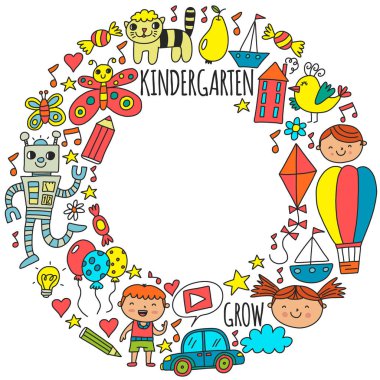 Anaokulu anaokulu çocukları. Çocuklar stil vektör modeli çiziyor. Birlikte büyümeyi öğrenin..