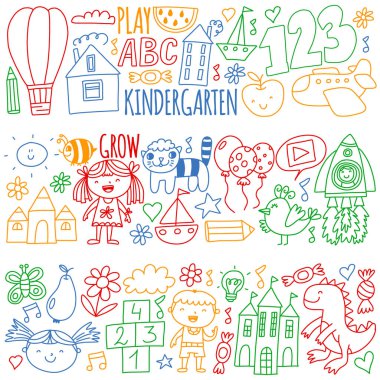 Anaokulu anaokulu çocukları. Çocuklar stil vektör modeli çiziyor. Birlikte büyümeyi öğrenin..