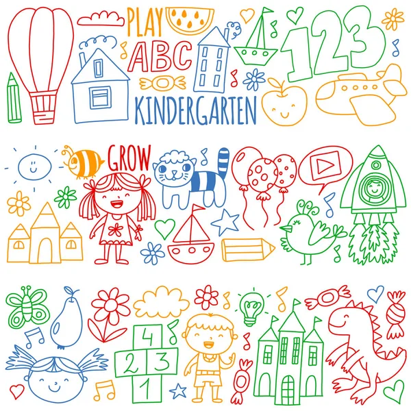 Niños de preescolar de jardín de infantes. Niños dibujo patrón de vectores de estilo. Jugar crecer aprender juntos. — Archivo Imágenes Vectoriales