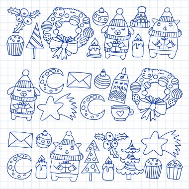 Hediyeler, Sevimli karikatür hayvanlar ile kağıt sarma için kış Noel vektör deseni. Yeni yıl kutlama.