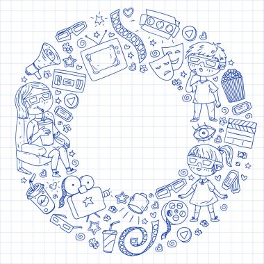 Sinema, TV, patlamış mısır ve video kliplerinin sinema simgeleriyle vektör deseni.