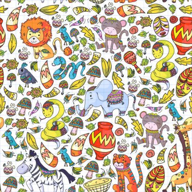 Etnik desen çocuk kumaş, tekstil, kreş duvar kağıdı. Vektör illüstrasyon. Afrika hayvanları, küçük çocuklar için kabile öğeleri, çocuklar.