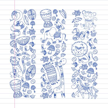 Etnik desen çocuk kumaş, tekstil, kreş duvar kağıdı. Vektör illüstrasyon. Afrika hayvanları, küçük çocuklar için kabile öğeleri, çocuklar.