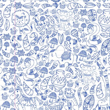 Etnik desen çocuk kumaş, tekstil, kreş duvar kağıdı. Vektör illüstrasyon. Afrika hayvanları, küçük çocuklar için kabile öğeleri, çocuklar.