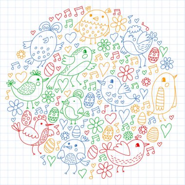 Desen çocuk kumaş, tekstil, kreş duvar kağıdı. Vektör Illustration. Küçük çocuklar için el çizilmiş şarkı kuşlar ve çiçekler.