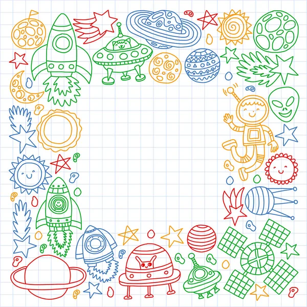 Vector pattern with space icons, planets, spaceships, stars, comets, rockets, space shuttle, flying saucers. — Stock Vector