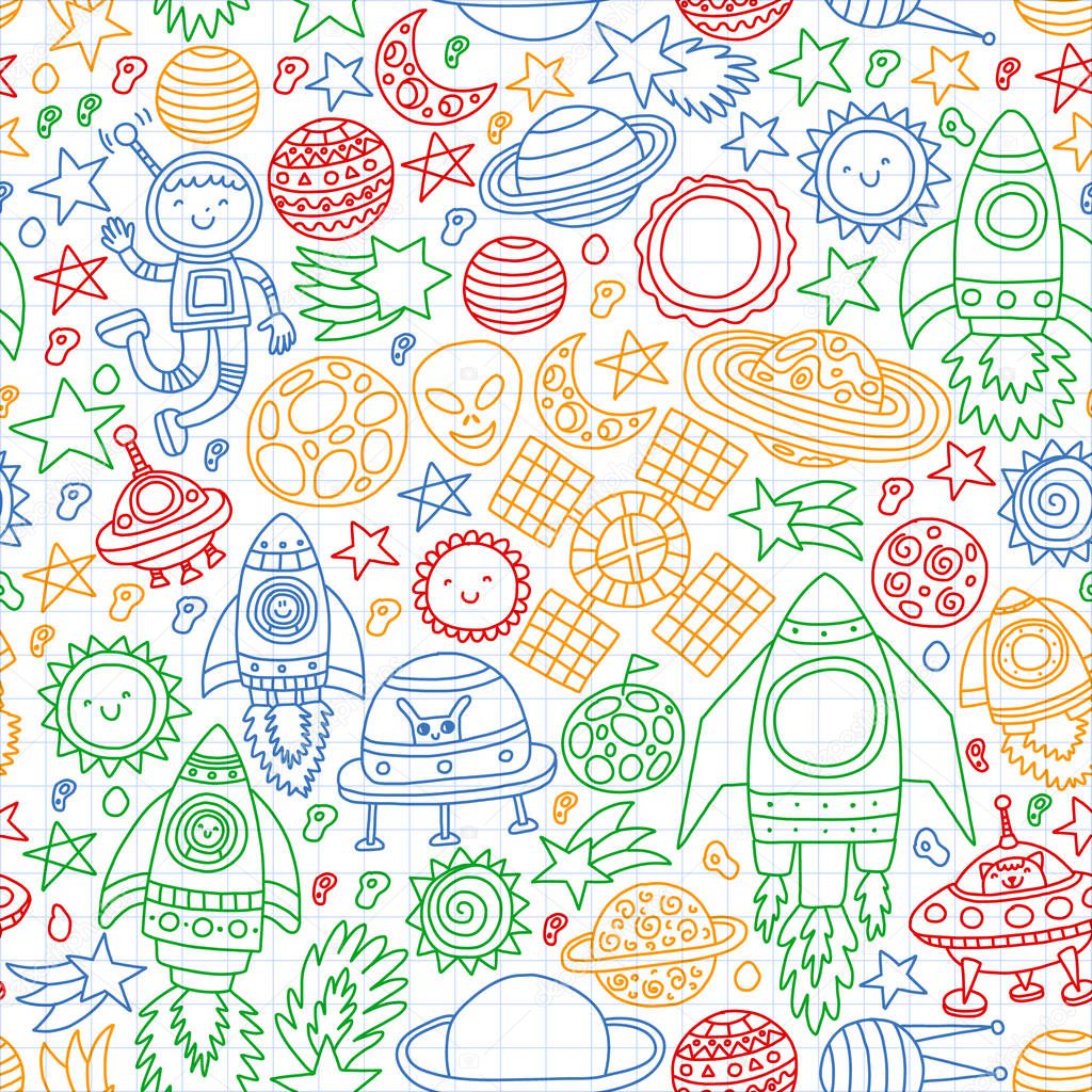 Vector pattern with space icons, planets, spaceships, stars, comets, rockets, space shuttle, flying saucers.