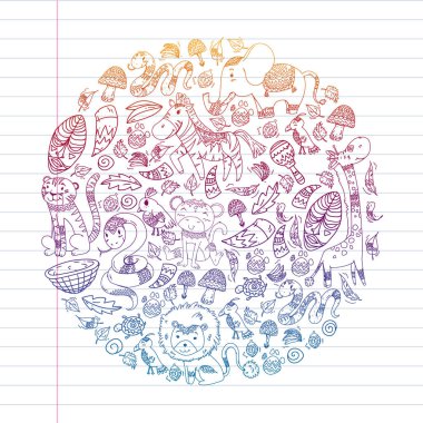 Etnik desen çocuk kumaş, tekstil, kreş duvar kağıdı. Vektör illüstrasyon. Afrika hayvanları, küçük çocuklar için kabile öğeleri, çocuklar.