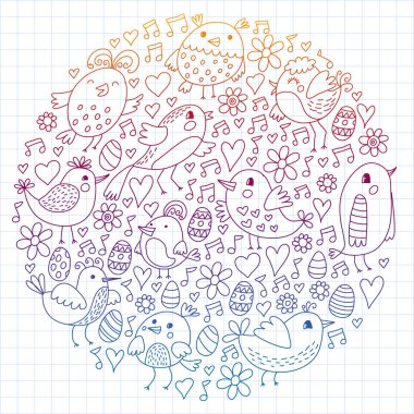 Desen çocuk kumaş, tekstil, kreş duvar kağıdı. Vektör Illustration. Küçük çocuklar için el çizilmiş şarkı kuşlar ve çiçekler.