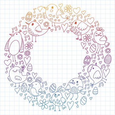 Desen çocuk kumaş, tekstil, kreş duvar kağıdı. Vektör Illustration. Küçük çocuklar için el çizilmiş şarkı kuşlar ve çiçekler.