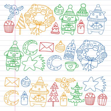 Hediyeler, Sevimli karikatür hayvanlar ile kağıt sarma için kış Noel vektör deseni. Yeni yıl kutlama.