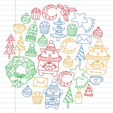 Hediyeler, Sevimli karikatür hayvanlar ile kağıt sarma için kış Noel vektör deseni. Yeni yıl kutlama.