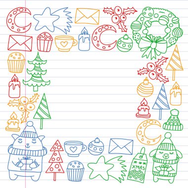 Hediyeler, Sevimli karikatür hayvanlar ile kağıt sarma için kış Noel vektör deseni. Yeni yıl kutlama.