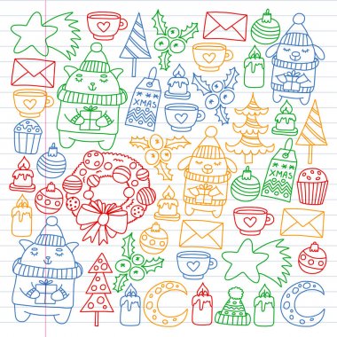 Hediyeler, Sevimli karikatür hayvanlar ile kağıt sarma için kış Noel vektör deseni. Yeni yıl kutlama.