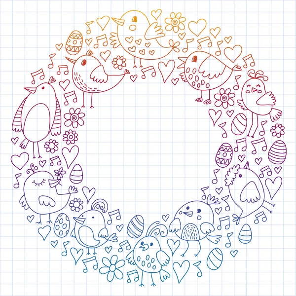 Desen çocuk kumaş, tekstil, kreş duvar kağıdı. Vektör Illustration. Küçük çocuklar için el çizilmiş şarkı kuşlar ve çiçekler.