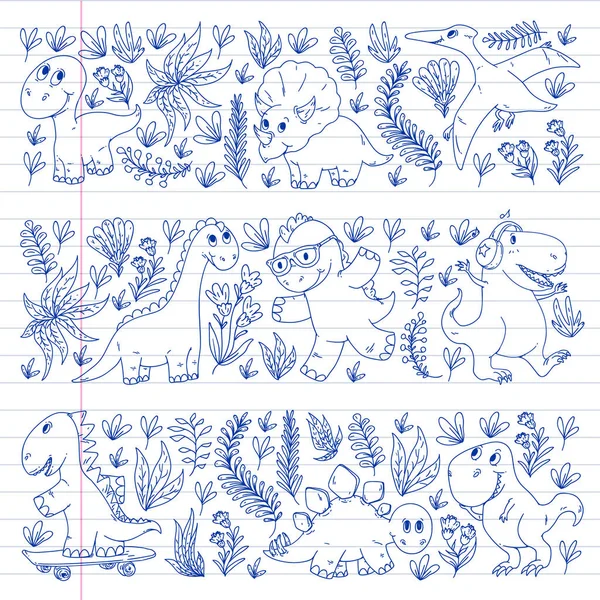 Motif tissu enfants, textile, papier peint de pépinière. Illustration vectorielle. Dinosaures dessinés à la main, dino pour petits enfants . — Image vectorielle