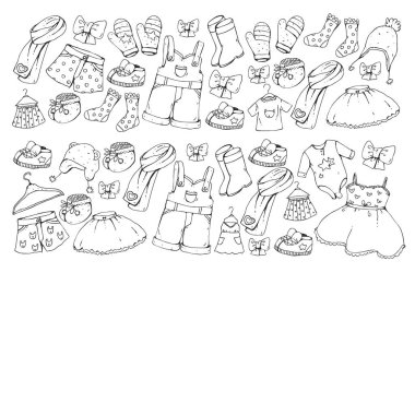 Çocuk kıyafetleri. Bebekler için arka plan, çocuk kalıpları.