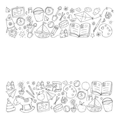 Anaokulu oyuncakları ile. Çocuklar için şablon. Küçük okul öncesi çocuklar eğitim. Oyun çizim, öğrenme,