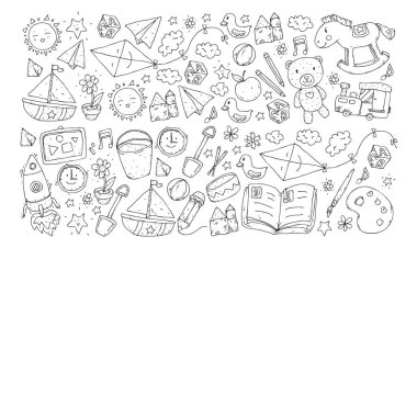 Anaokulu oyuncakları ile. Çocuklar için şablon. Küçük okul öncesi çocuklar eğitim. Oyun çizim, öğrenme,