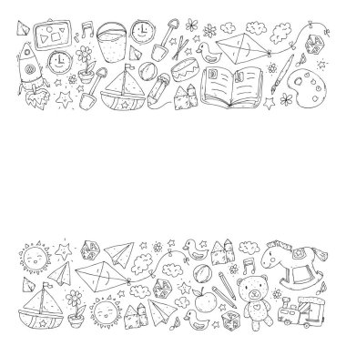 Anaokulu oyuncakları ile. Çocuklar için şablon. Küçük okul öncesi çocuklar eğitim. Oyun çizim, öğrenme,