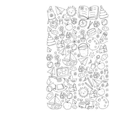 Anaokulu oyuncakları ile. Çocuklar için şablon. Küçük okul öncesi çocuklar eğitim. Oyun çizim, öğrenme,