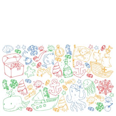 Okyanus ve deniz çocuklar için. Çocuklar için şablon. Korsan Partisi. Sevimli balıklar, hayvanlar, hazineler. Çocuklar tatil desen, plaj oyuncakları ve öğeleri.