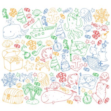 Okyanus ve deniz çocuklar için. Çocuklar için şablon. Korsan Partisi. Sevimli balıklar, hayvanlar, hazineler. Çocuklar tatil desen, plaj oyuncakları ve öğeleri.