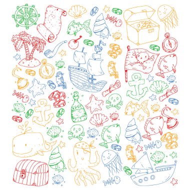 Okyanus ve deniz çocuklar için. Çocuklar için şablon. Korsan Partisi. Sevimli balıklar, hayvanlar, hazineler. Çocuklar tatil desen, plaj oyuncakları ve öğeleri.