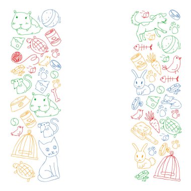 Evde beslenen hayvan dükkan. Vektör çizim hayvanlar, köpek, kedi, balık, kedi, kuş, köpek ile renkli arka plan ile. Veteriner Kliniği.