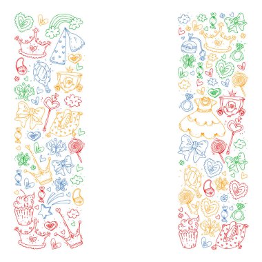 Küçük kızlar için Prenses Doğum günü partisi. Anaokulu, okul çocukları resim. Resimde Kalesi, Peri, elbise, taç olan çocuklar için.