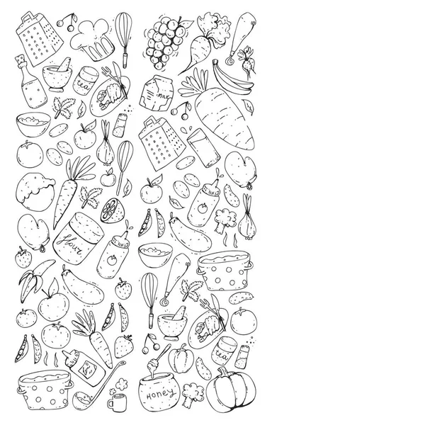 Comida saludable y cocina. Frutas, verduras, hogar. Juego de vectores Doodle . — Vector de stock