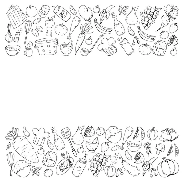 Comida saudável e cozinhar. Frutas, legumes, casa. Conjunto de vetor Doodle . — Vetor de Stock