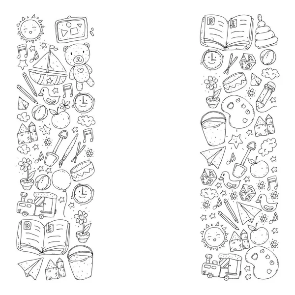 Anaokulu oyuncakları ile. Çocuklar için şablon. Küçük okul öncesi çocuklar eğitim. Oyun çizim, öğrenme,